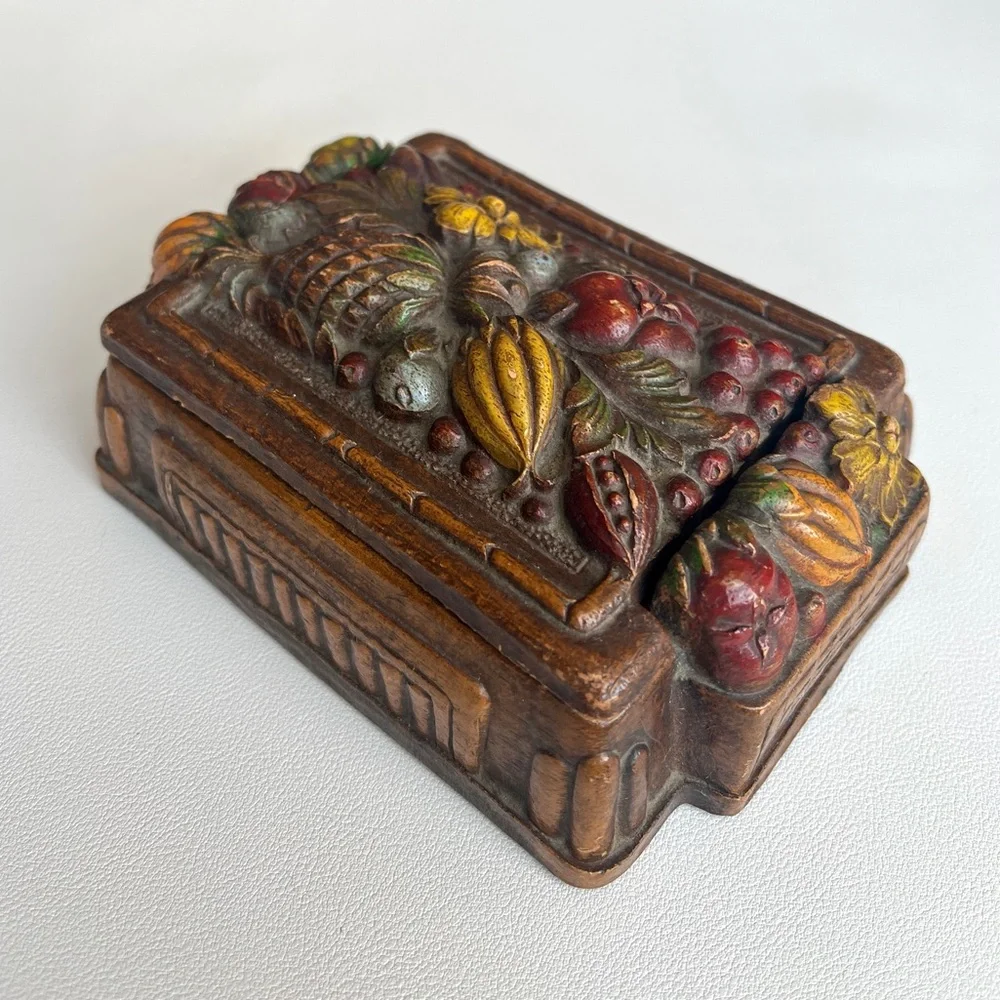 Vintage Cigarette Box, Colorful Syroco Box, Playing Cards Storage 1940s, Fruit